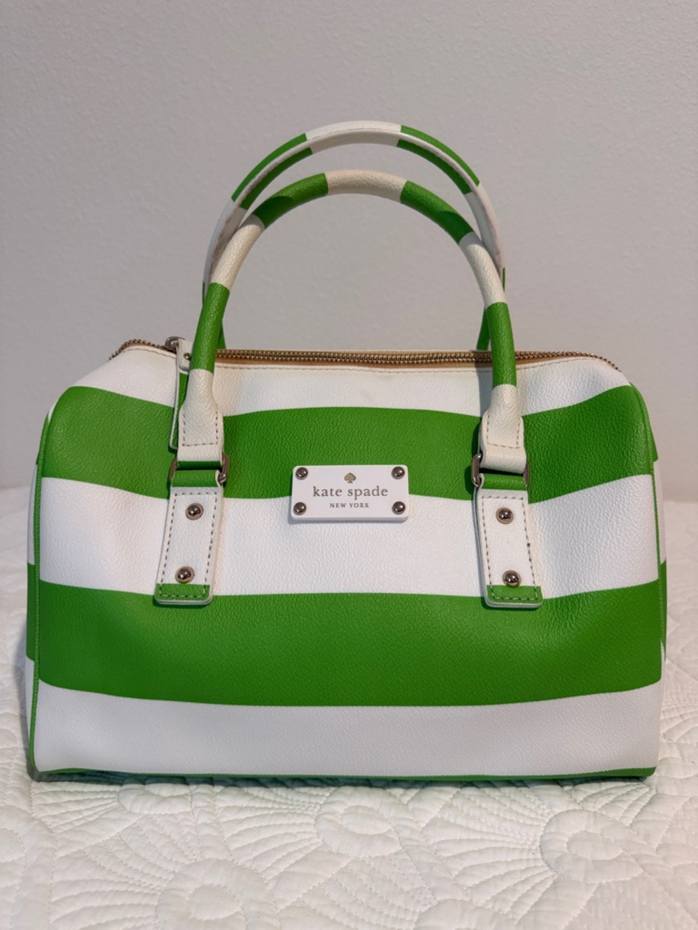 kate spade white and green striped dome/speedy satchel